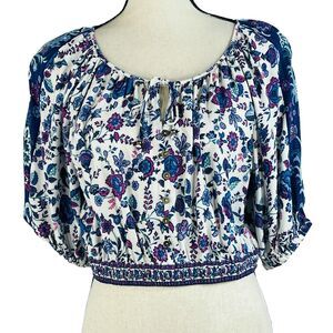 Joie Medium Crop Top Boho Floral Balloon Sleeves Keyhole Neck Elastic Waist Blue